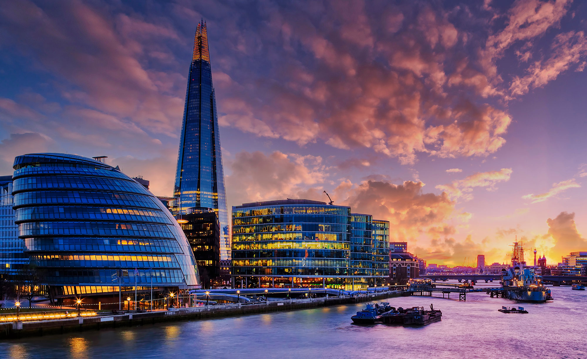 The Shard and London skyline at sunset